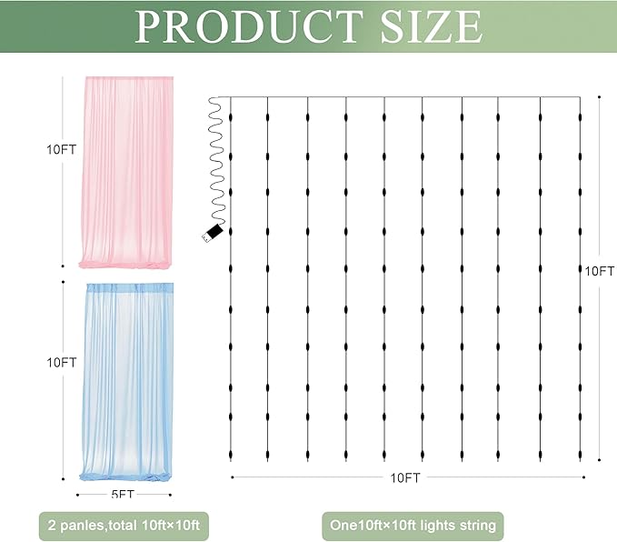 Tulle Backdrop Curtain with Lights String 10FT X 10FT Pink and Blue Sheer Tulle - Image 2