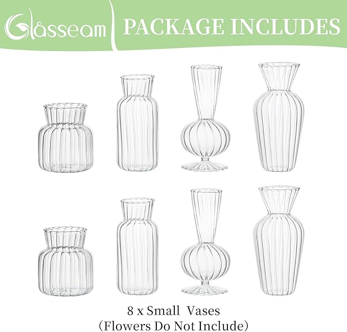 Modern Clear Glass Bud Vase Bulk Set: Glasseam 8Pcs Small Mini Flower - Image 7
