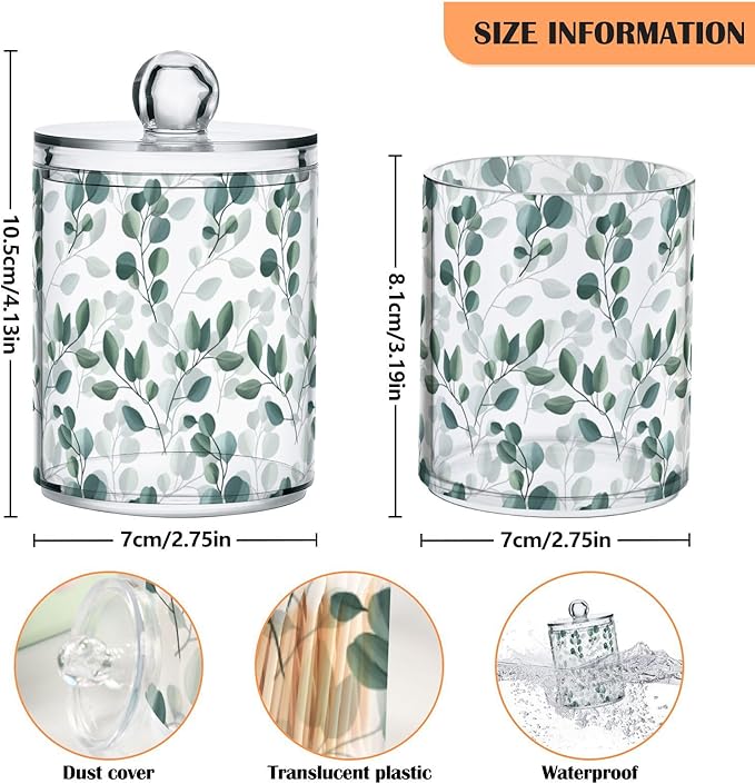 Qtip Holder Dispenser 4 Pack Green Watercolor Floral Leaves Apothecary Jars - Image 3