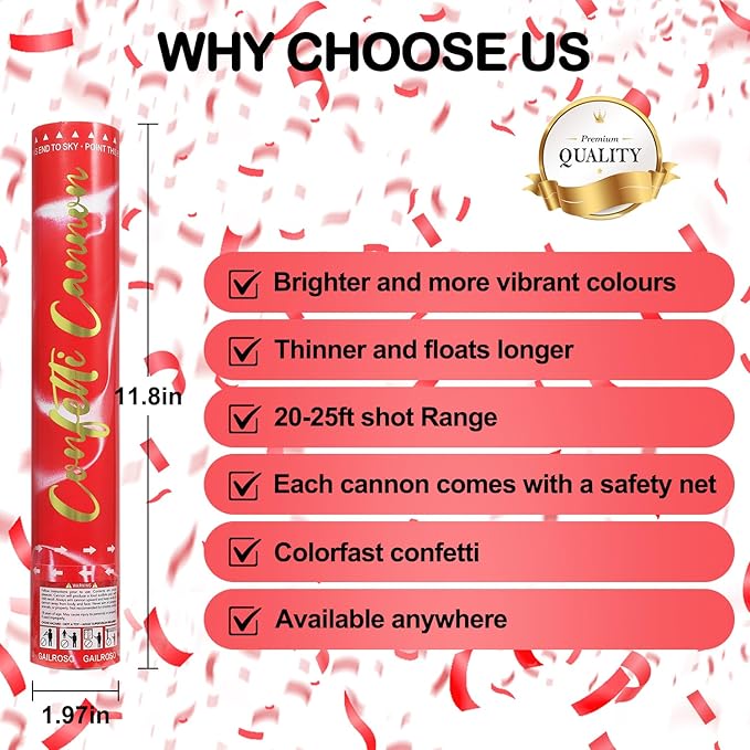 6 Pack Red Confetti Cannon, Party Poppers, 12 Inch Confetti Poppers Shooters - Image 3