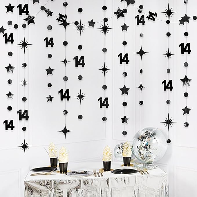 Black 14th Birthday Decorations Number 14 Circle Dot Star Garland Metallic - Image 4