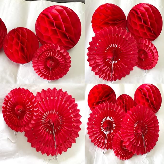 12pcs 6'' 8'' Red Honeycomb Balls Tissue Paper Fans Party Honeycomb Ball Fans - Image 4