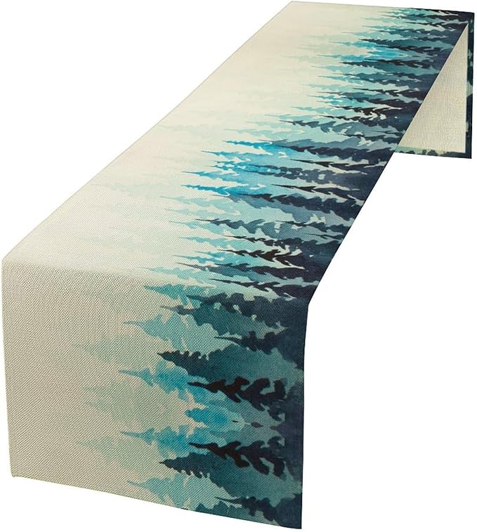 Misty Forest Table Runner, Foggy Blue Forest Landscape Table Runner by Unknown