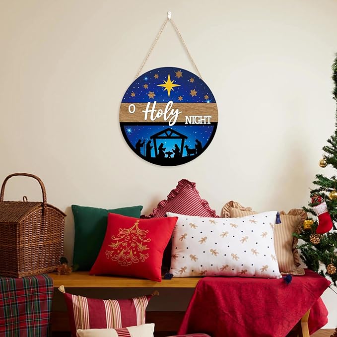 CHDITB 3D O Holy Night Jesus Christmas Front Door Sign, Wooden Nativity Scene - Image 7