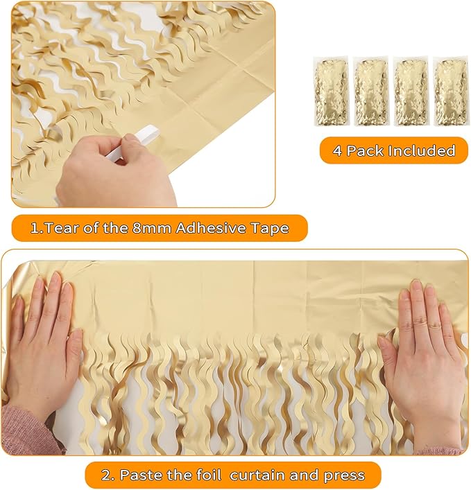 4 Pack Wavy Champagne Gold Metallic Tinsel Foil Fringe Curtains Backdrop - Image 4