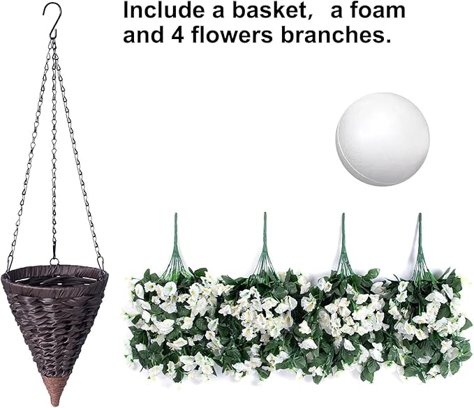 Artificial Faux Hanging White Flowers Plants Basket - Image 3