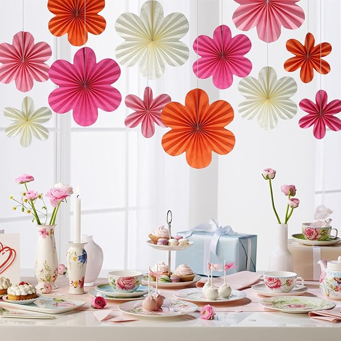 BestoFun 12 PCS Paper Flowers Fans Pink and Orange Party Decorations Paper - Image 6