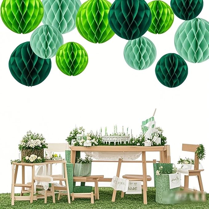 Green Paper Honeycomb Balls, 12 Pack Hanging Tissue Pom Poms - Image 2