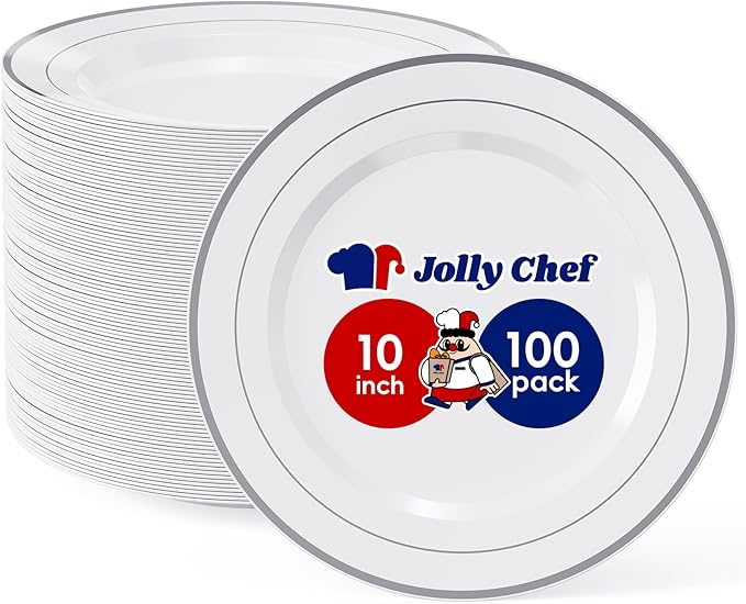JOLLY CHEF 100 Pieces Silver Plastic Plates, 10 Inch Elegant Disposable White by JOLLYCHEF