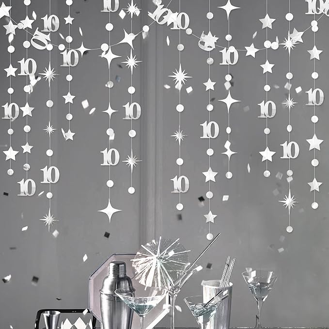 Silver 10th Birthday Decorations Number 10 Circle Dot Twinkle Star Garland - Image 5