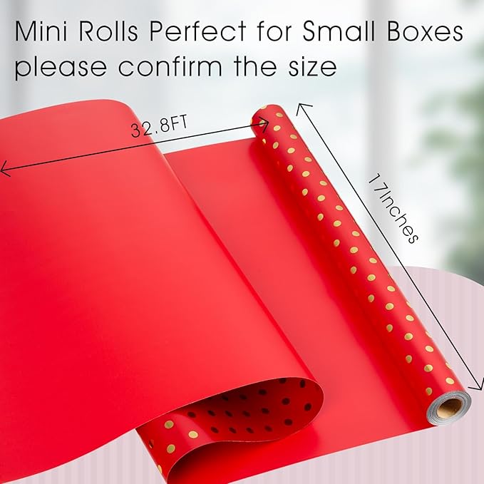Flyhill Gold Foil Polka Dot Wrapping Paper Roll, Mini Roll Red Reversibl Gift - Image 3