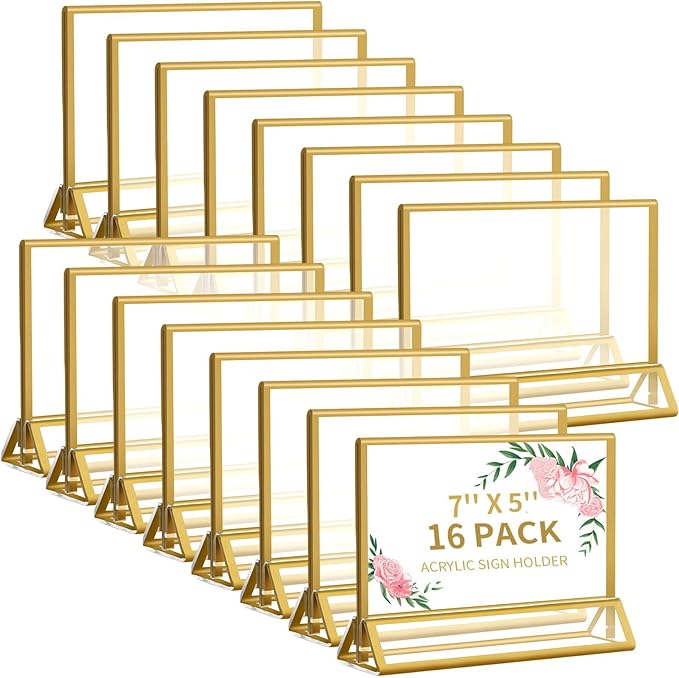Smarpau 7x5 Gold Acrylic Sign Holder, 16 Pack Wedding Table Number Holders by Smarpau
