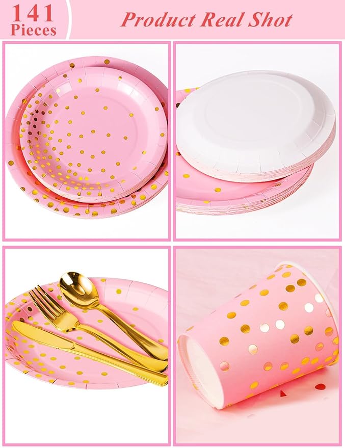 141 Pieces Pink and Gold Party Supplies, Party Dinnerware Sets Include Paper - Image 2