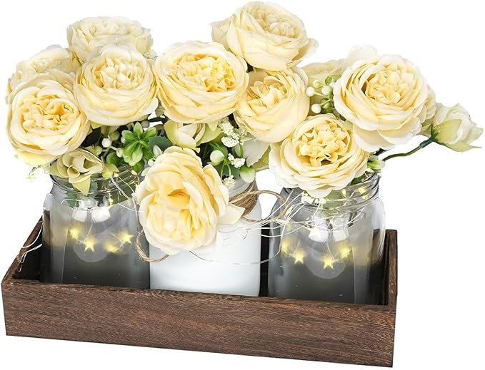 Champagne Floral Mason Jars for Centerpieces – Rustic Table Centerpiece by CNVOILA