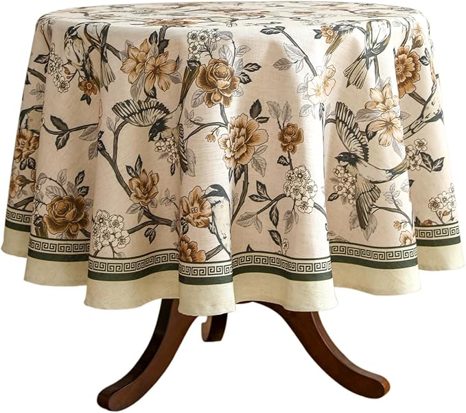 ISAENNE Designer Vintage Linen Small Round Table Cloth, Floral and Bird Pattern by Isaennehomedecoration