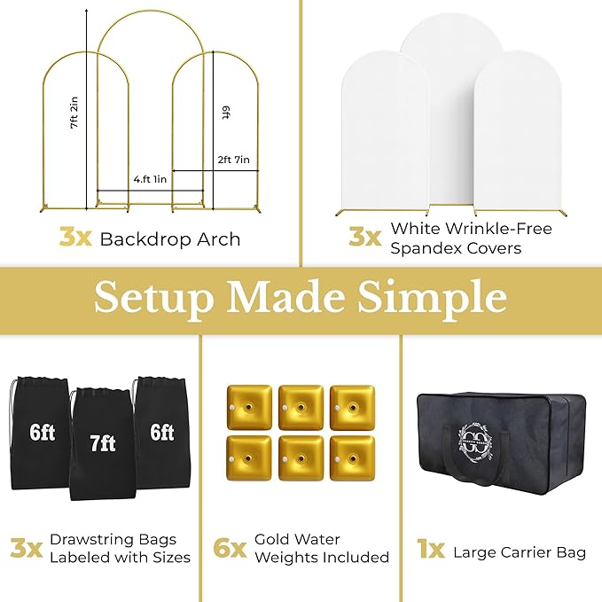 Metal Arch Backdrop Stand and Cover Set – 3 Gold Frames - Image 4