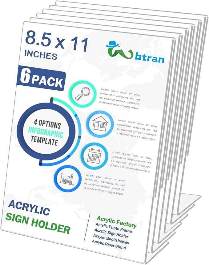 Acrylic Sign Holder 8.5 x 11, 6 Pack Slanted Back Sign Holders by Wbtran