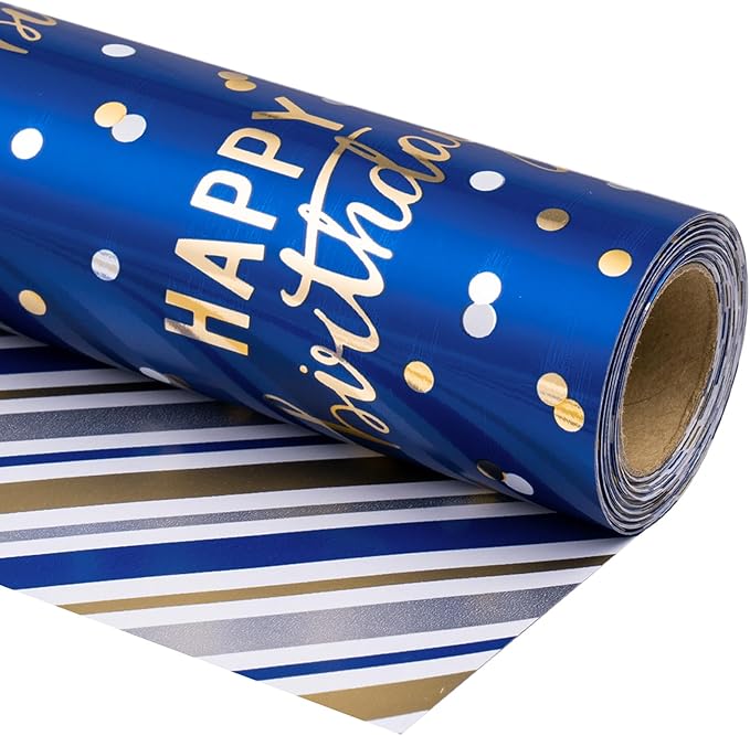 LeZakaa Reversible Blue Birthday Wrapping Paper Roll by LeZakaa