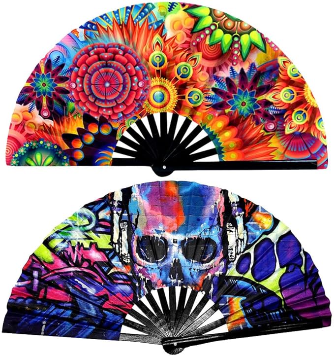 2 Pack Large Folding Rave Fan for Women/Men Holographic Festival Bamboo Clack by A+ALFEEL