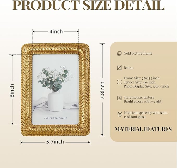 Cuspin 4x6 Gold Picture Frame, Ornate Decorative Rattan Resin Photo Frame - Image 6