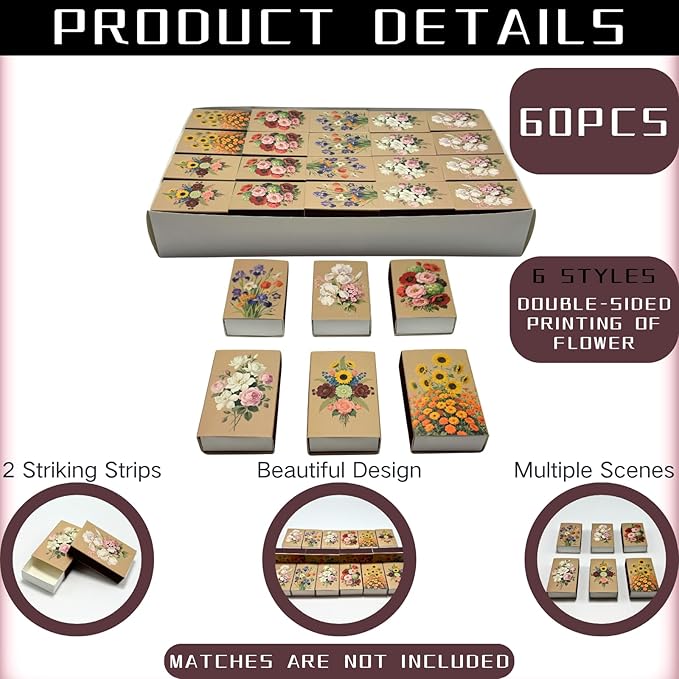 60pcs Flower Match Boxes, 2.25x1.42x0.59in Bulk Fall Spring Floral DIY Light - Image 3