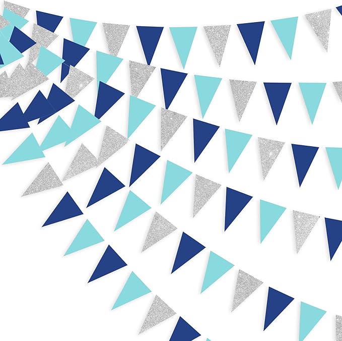 30 Ft Navy Blue Silver Pennant Banner Royal Blue Hanging Paper Triangle Bunting by pinkblume