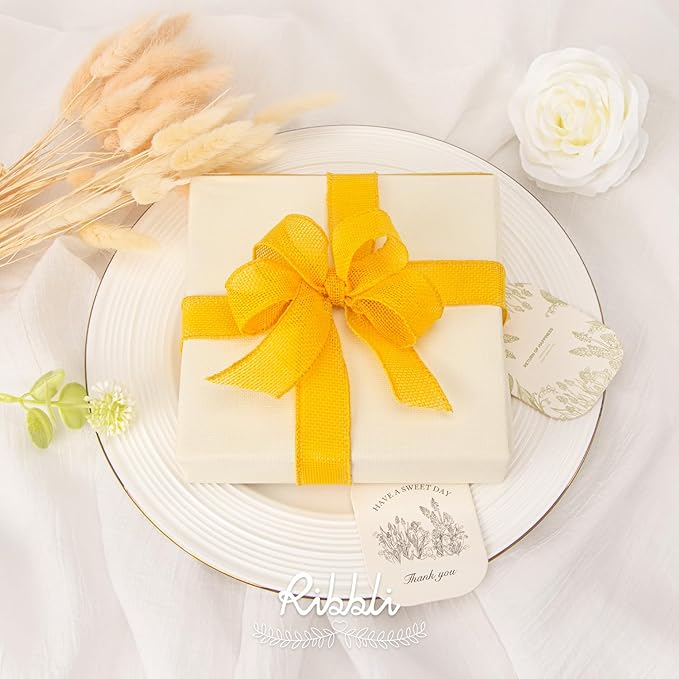 Ribbli Yellow Burlap Wired Ribbon, 1” Inch x Continuous 20 Yard, Big Bows - Image 3