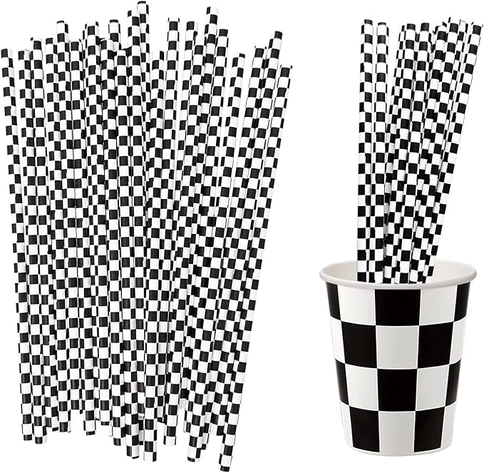 50 Pcs Checkered Flag Paper Straws Racing Car Straws Black and White Checkered by EaciTown
