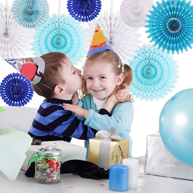 SUNBEAUTY Pack of 13 Blue White Hanging Honeycomb Paper Fans Party Decoration - Image 3