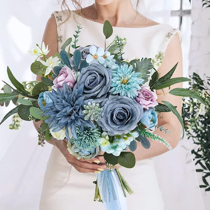AmyHomie Blue Artificial Flowers Combo Silk Mix Peony Rose Hydrangea Fake - Image 2