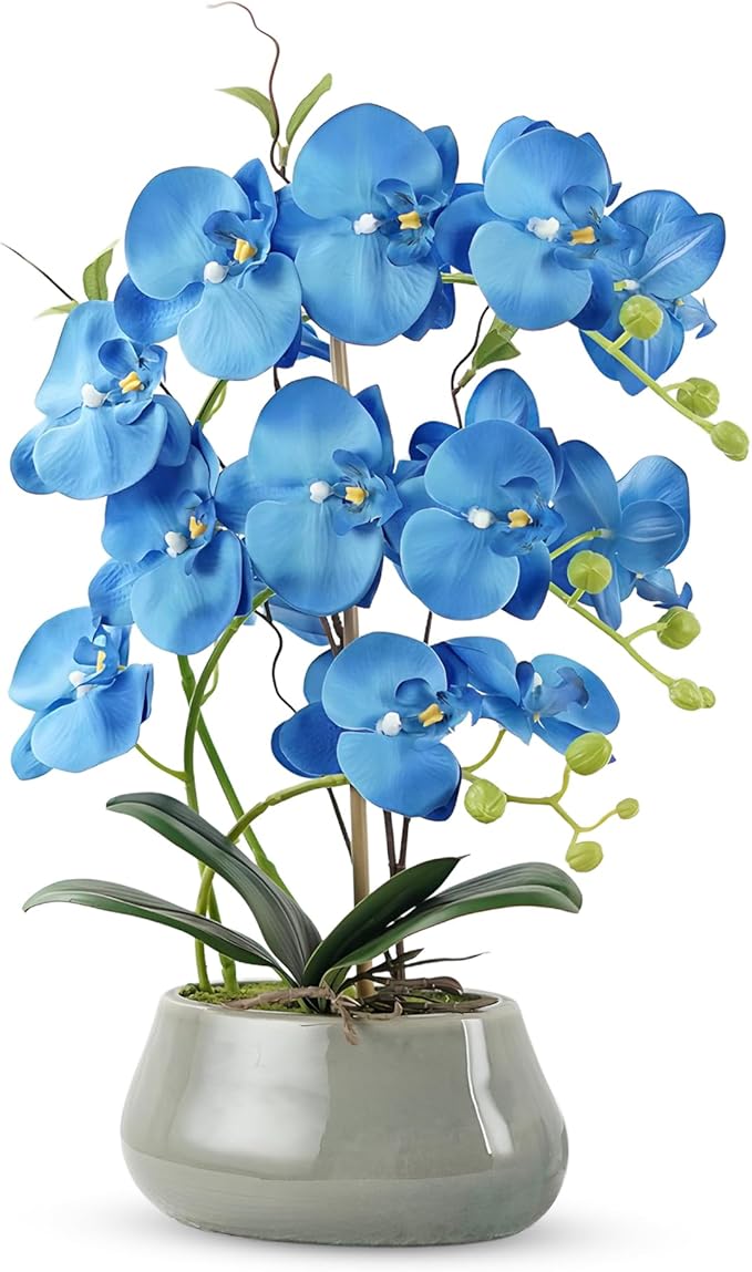 Orchid Artificial Flowers with Gray Vase Large Silk Faux Phalaenopsis Flowers by ABetterDayStartsHere