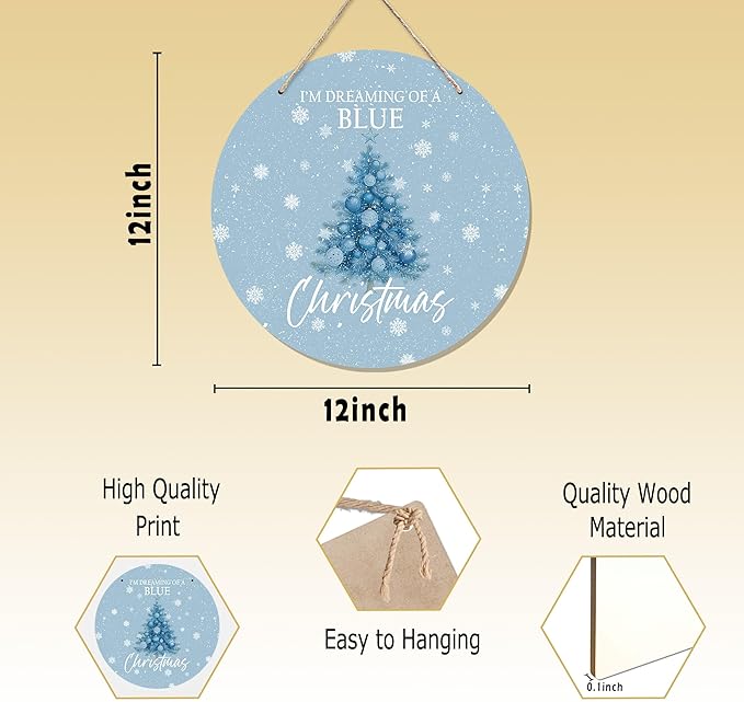 CGBHW Blue Christmas Tree Wooden Sign, Winter Holiday Theme Hanging Sign Wall - Image 7