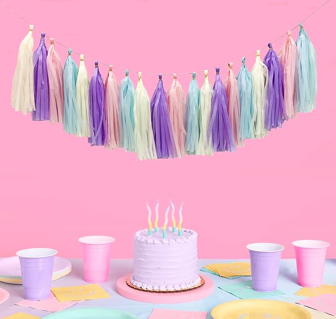 Pastel Rainbow Colorful Tissue Paper Tassel Garland, Tissue Tassel Banner - Image 4