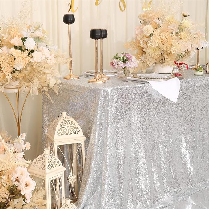 SquarePie Sequin Tablecloth 90 x 132 Inch Silver Sparkly Table Linen - Image 4