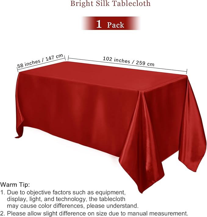 TURSTIN 1 Pack Burgundy Satin Tablecloth 102 x 58 Inch Overlay Satin Table - Image 2
