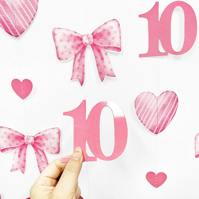 40Ft Pink 10th Bow Birthday Decorations Hot Pink Conquette Bow Heart Garland - Image 7