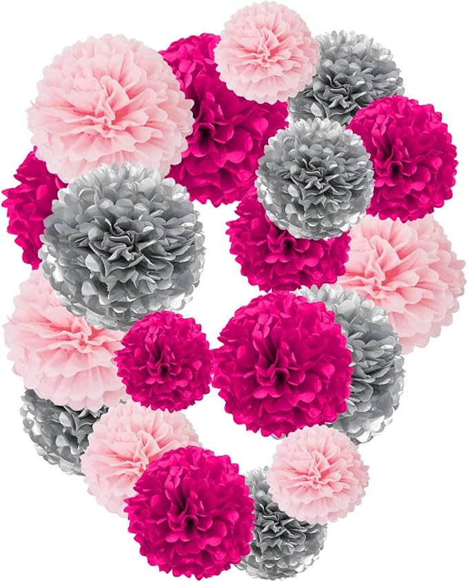 Rose Red Pink and Silver Paper Pom Poms by Tim%26Lin
