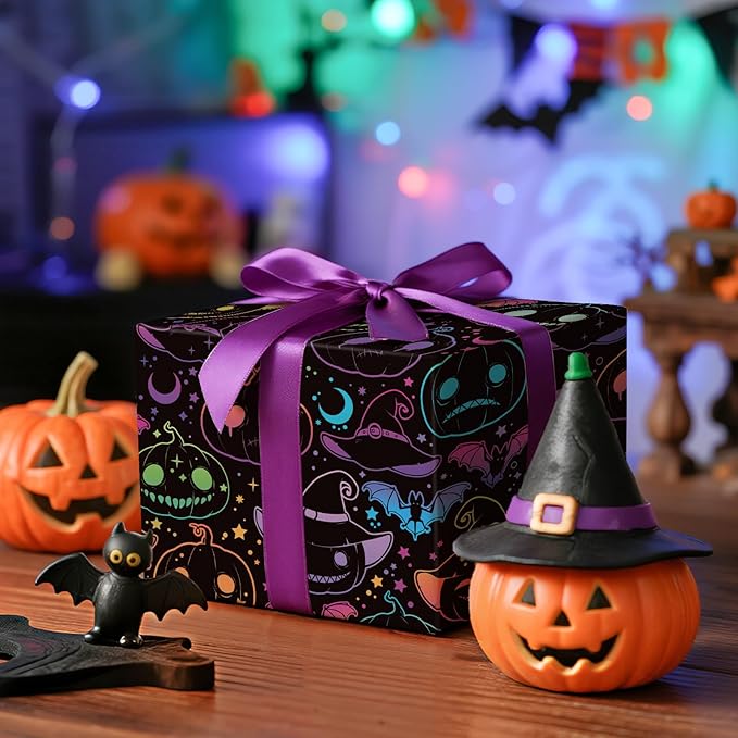 LeZakaa Halloween Pumpkin Wrapping Paper Roll, Neon Pumpkin Witch Hat Bat - Image 2