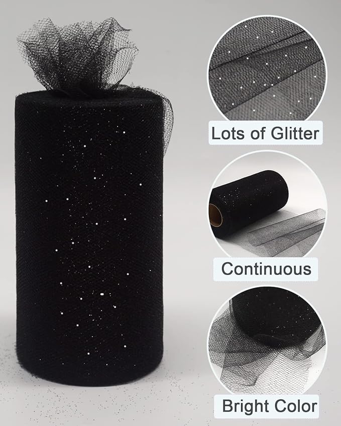 Black Glitter Tulle Fabric Rolls, 6 Inch 50 Yards Sparkling Spool Ribbon Sequin - Image 2