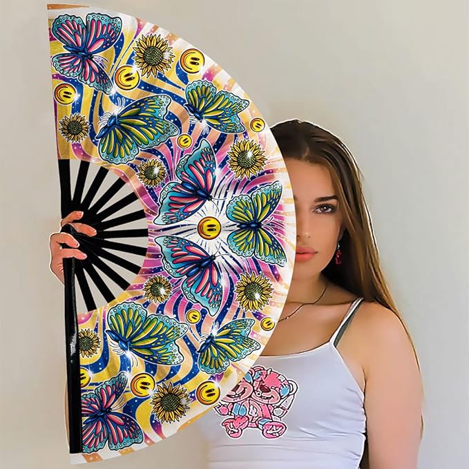 13" Large Rave Fan Bamboo, Folding Clack Hand Fans Foldable - Image 6