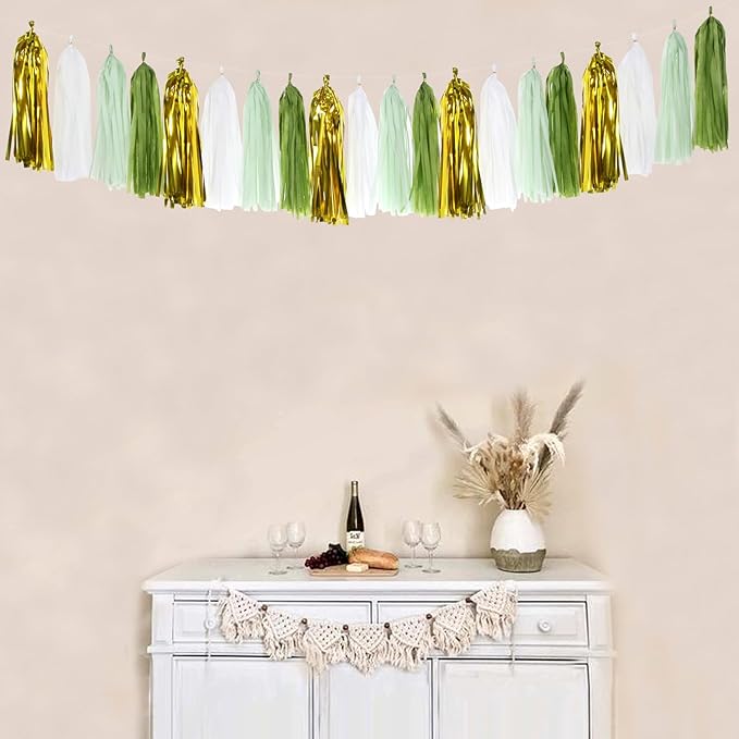 Sage-Olive Green Gold Party-Decorations Tassel-Garland - Image 3