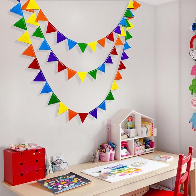 pinkblume Rainbow Party Decorations Colorful Felt Hanging Triangle Mini Bunting - Image 6