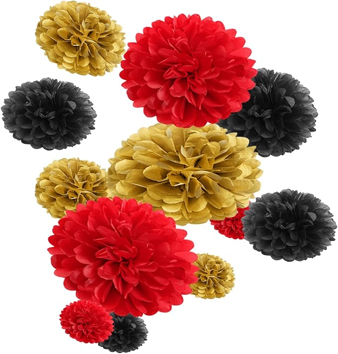 Red-Black Gold Party-Decorations Tissue Pom-Poms - Image 3