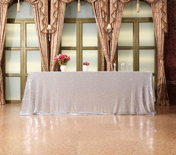 SquarePie Sequin Tablecloth 90 x 156 Inch Silver Sparkly Table Linen - Image 6