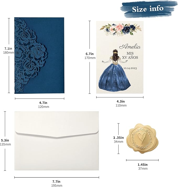 DORIS HOME 50pcs Laser Cut Quinceanera Invitations Blue, 4.7x7.1 Personalized - Image 3