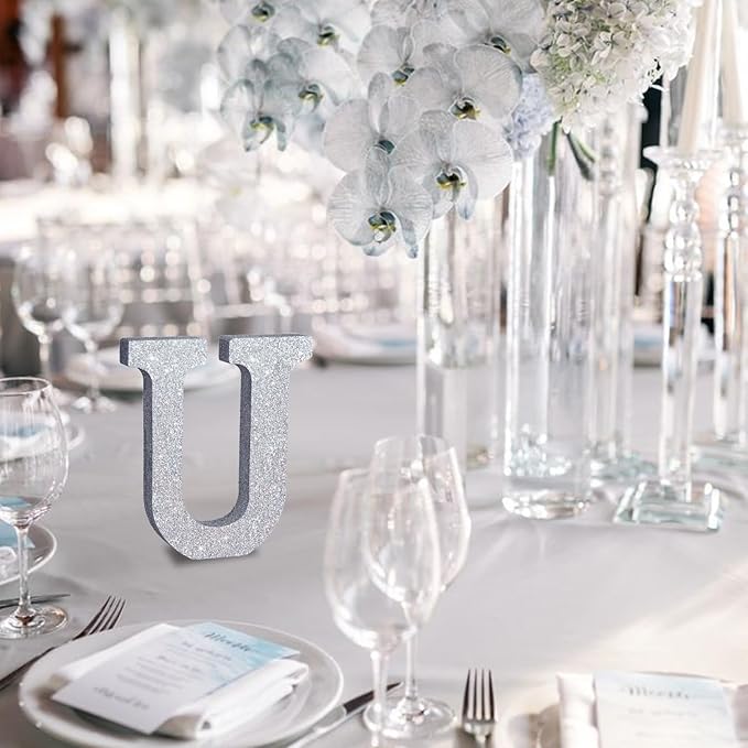 TONIFUL 8 Inch Silver Glitter Letter U Table Centerpiece A-Z Silver Birthday - Image 4