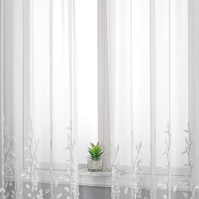 VISIONTEX White Sheer Voile Curtains, Decorative White Embossed Leaves Rod - Image 6