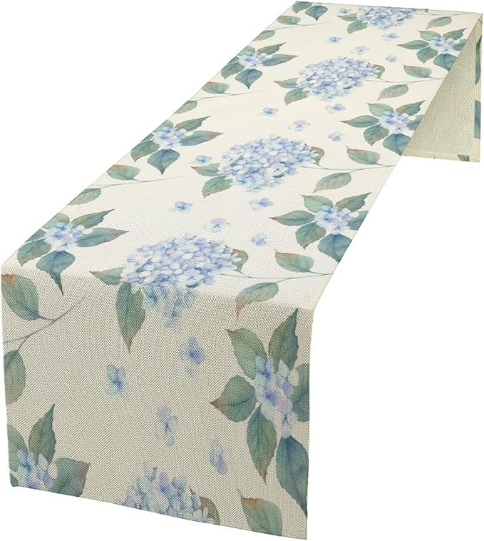 Spring Hydrangea Flower Table Runner, Seasonal Summer Plants Watercolor Blue by SHElifestyle