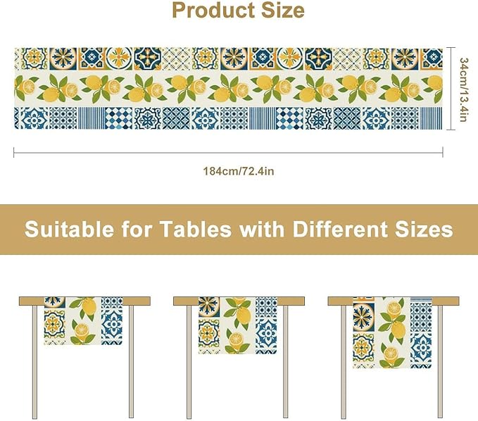Lemon Table Runner, Watercolor Blue Fruits Green Leaves Print Table Cloth - Image 7