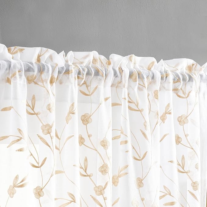 Sheer Curtains with Desin White-Beige Floral Embroidery 84 Inch Long Rod Pocket - Image 2